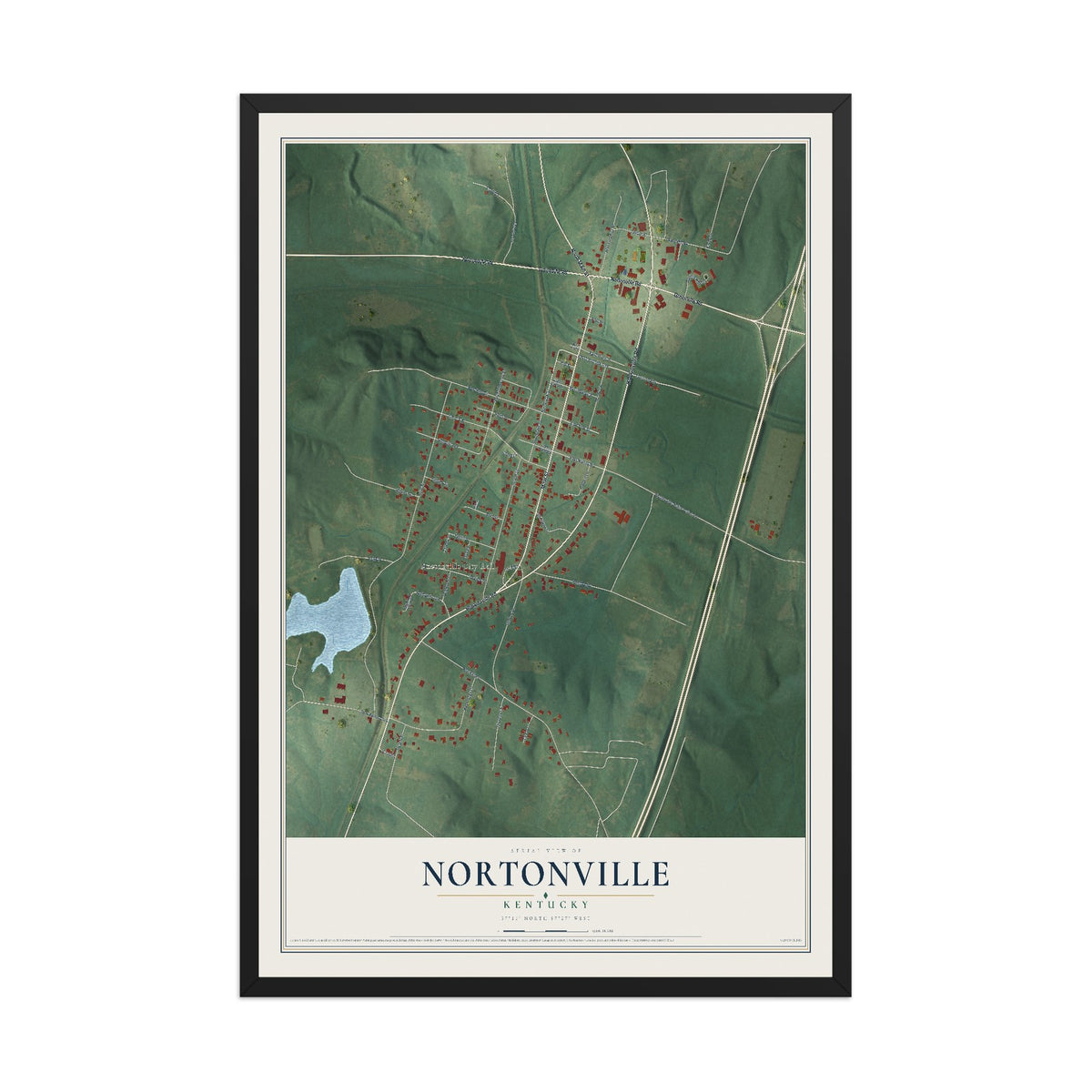 Map of Nortonville, Kentucky, 12 x 18 inch print in a black wood frame
