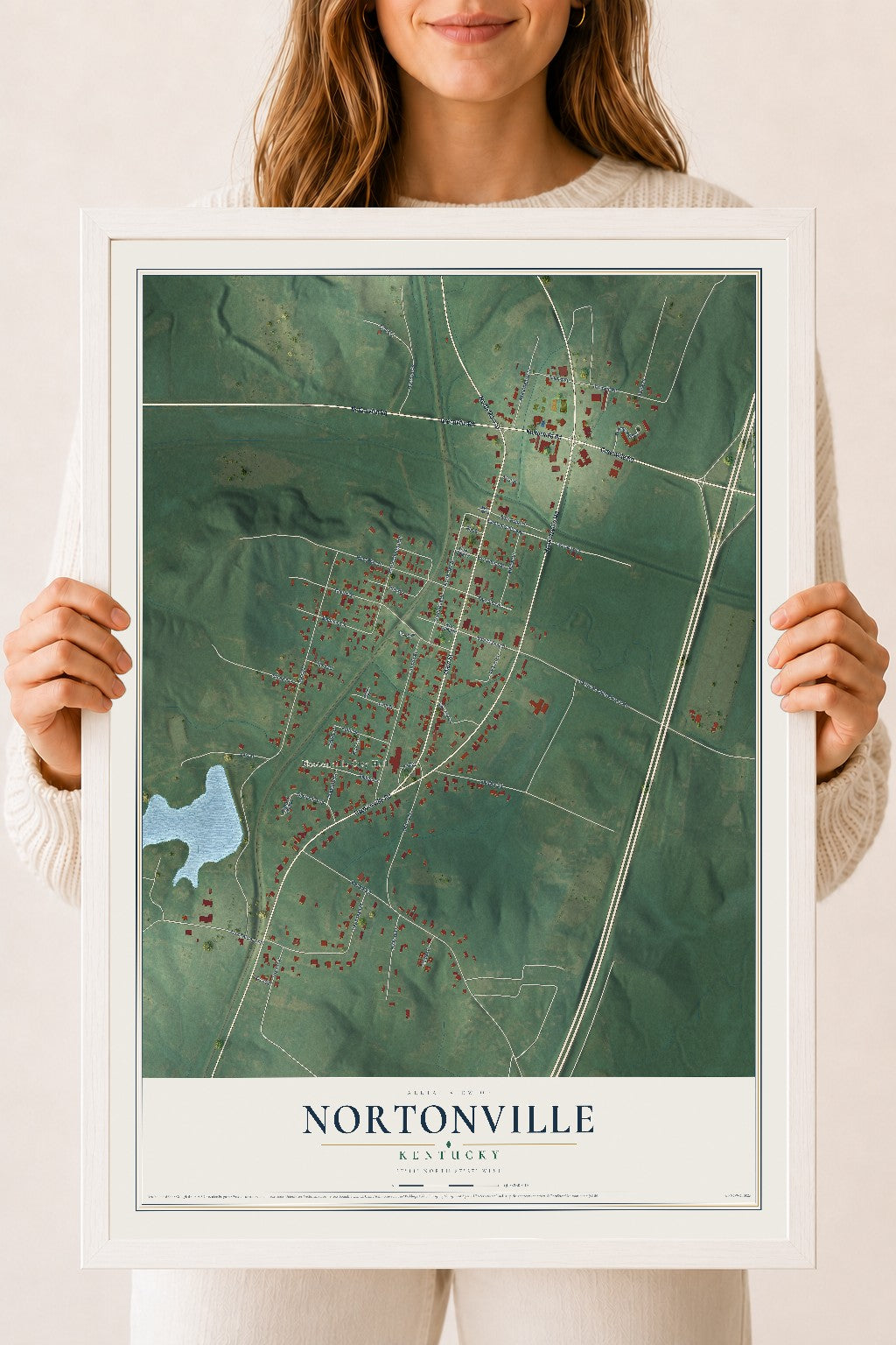Map of Nortonville, Kentucky, 18 x 24 inch print in a white wood frame