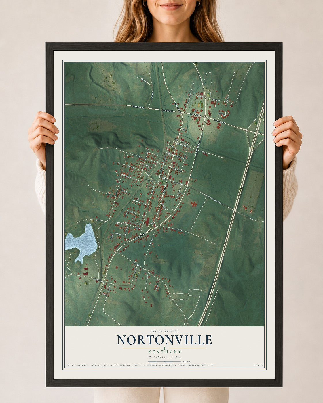 Map of Nortonville, Kentucky, 24 x 36 inch print in a black wood frame