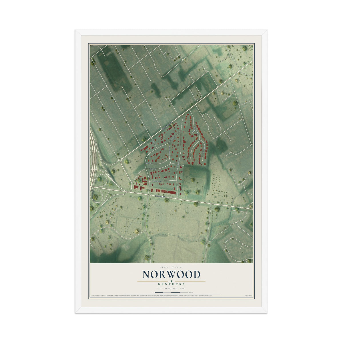 Map of Norwood, Kentucky, 12 x 18 inch print in a white wood frame