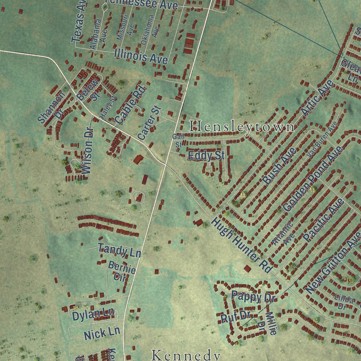 Close-up of the map of Oak Grove, Kentucky print showing street and building detail