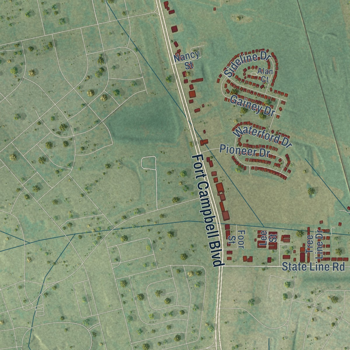 Second close-up of the map of Oak Grove, Kentucky print showing more streets and buildings