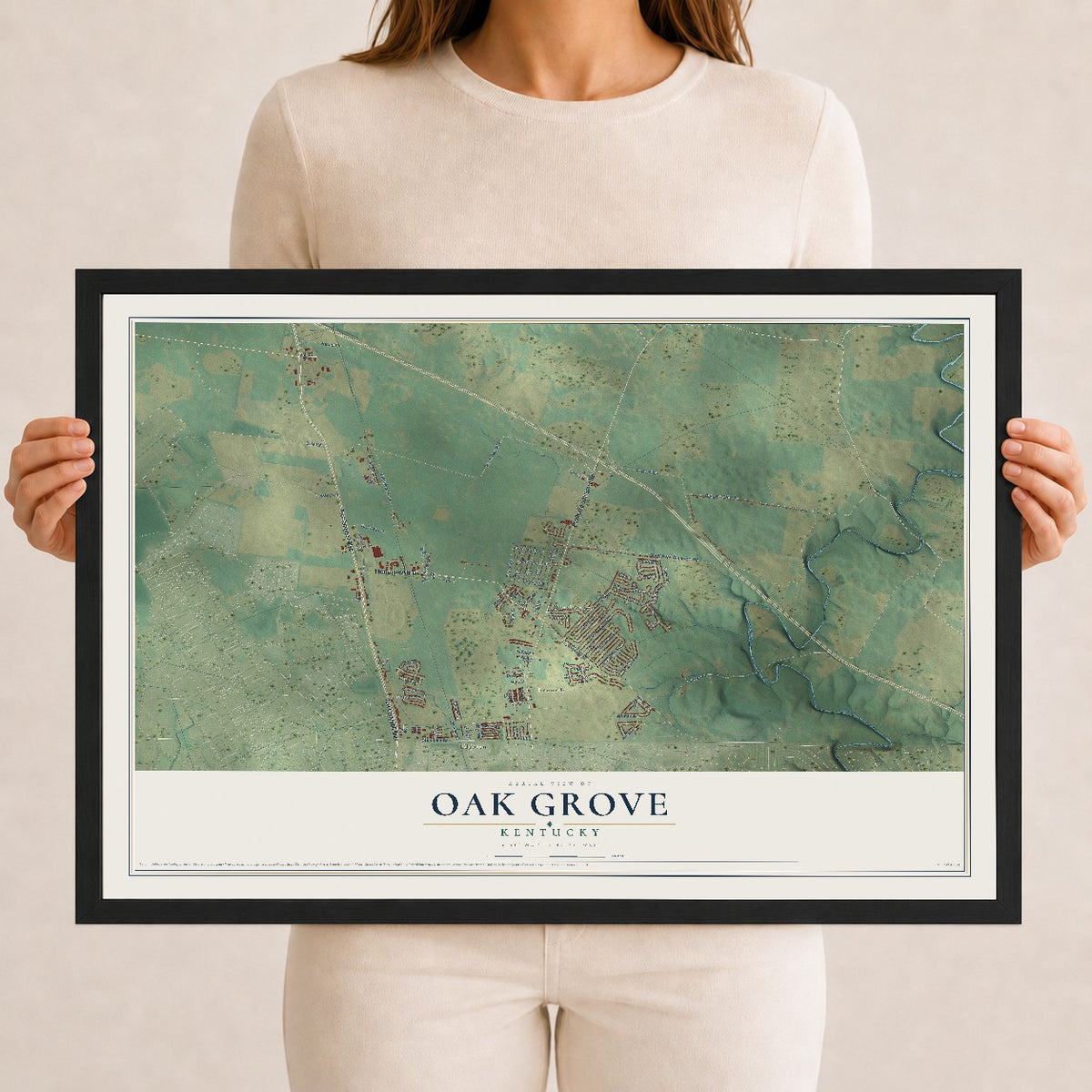 Map of Oak Grove, Kentucky, 12 x 18 inch print in a black wood frame
