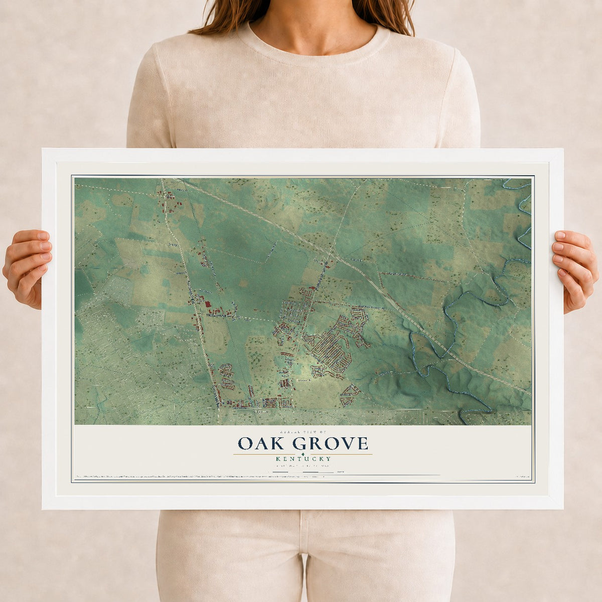 Map of Oak Grove, Kentucky, 12 x 18 inch print in a white wood frame