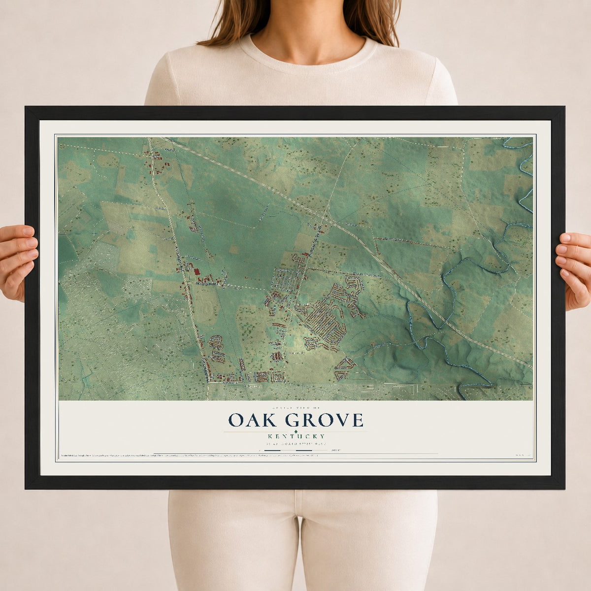 Map of Oak Grove, Kentucky, 18 x 24 inch print in a black wood frame