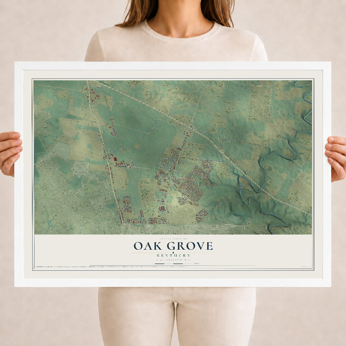 Map of Oak Grove, Kentucky, 18 x 24 inch print in a white wood frame