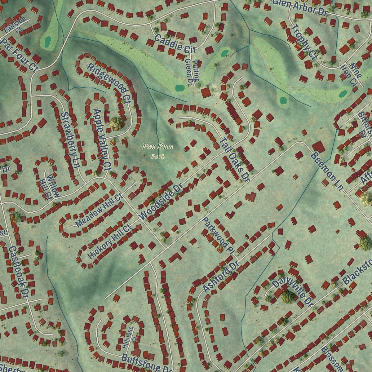 Close-up of the map of Oakbrook, Kentucky print showing street and building detail