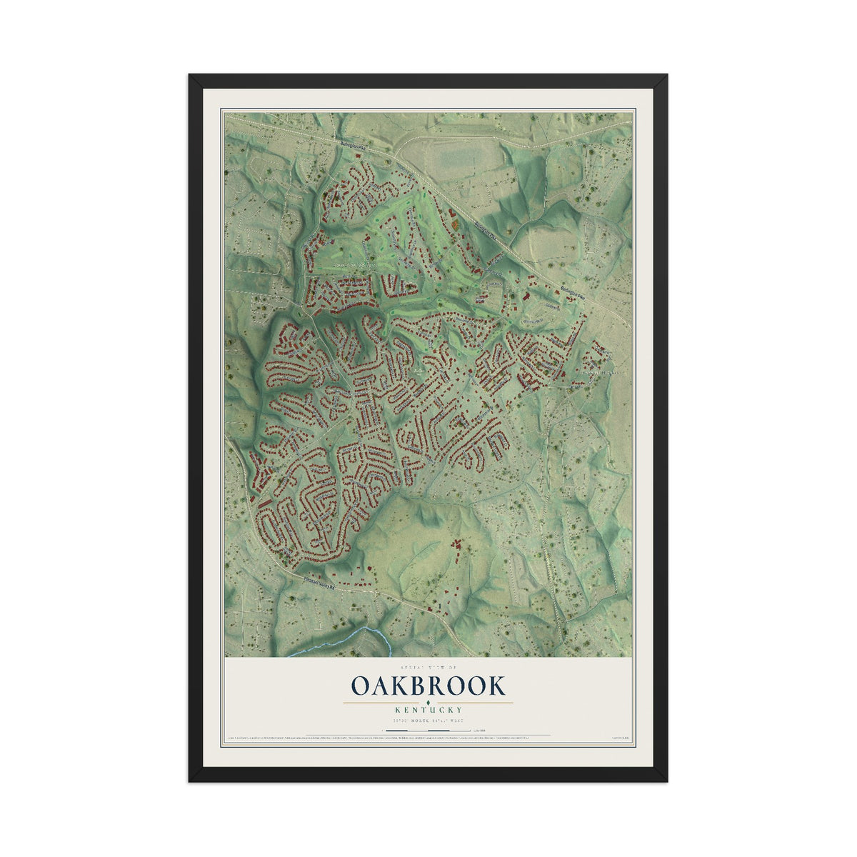 Map of Oakbrook, Kentucky, 12 x 18 inch print in a black wood frame