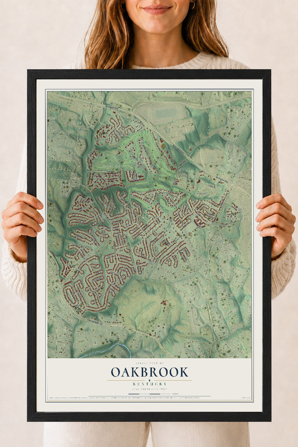 Map of Oakbrook, Kentucky, 18 x 24 inch print in a black wood frame