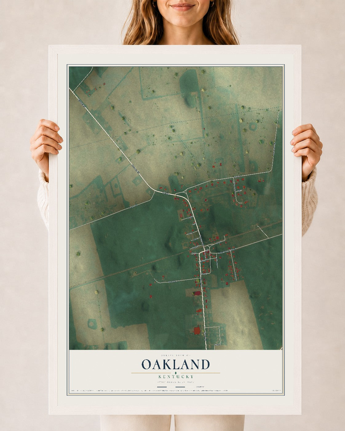 Map of Oakland, Kentucky, 24 x 36 inch print in a white wood frame