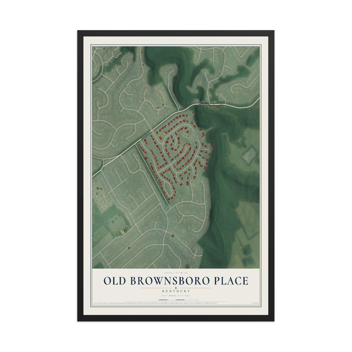 Map of Old Brownsboro Place, Kentucky, 12 x 18 inch print in a black wood frame