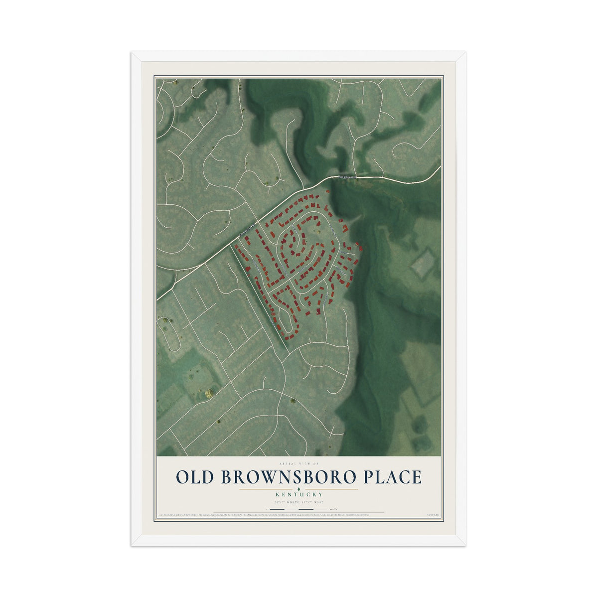 Map of Old Brownsboro Place, Kentucky, 12 x 18 inch print in a white wood frame