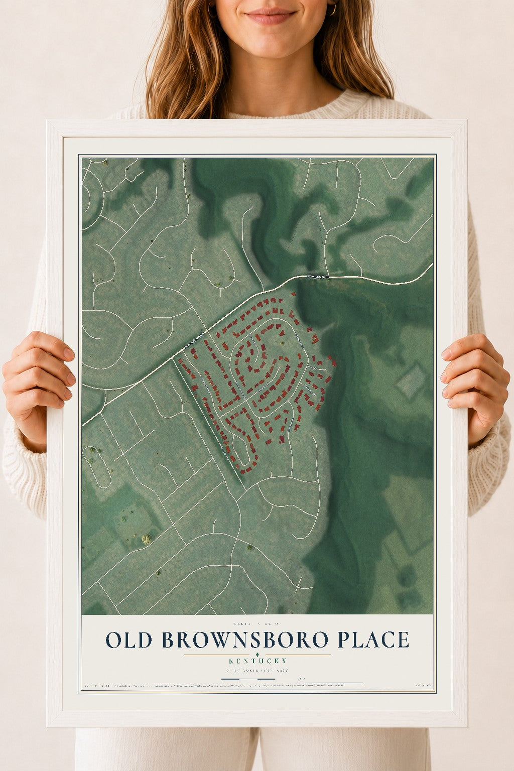 Map of Old Brownsboro Place, Kentucky, 18 x 24 inch print in a white wood frame