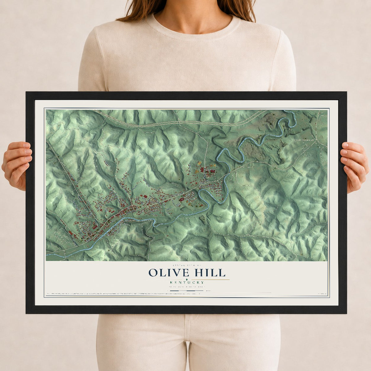 Map of Olive Hill, Kentucky, 12 x 18 inch print in a black wood frame