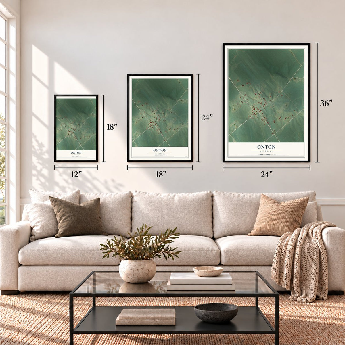 Onton, Kentucky map in 12 x 18, 18 x 24 and 24 x 36 inch sizes above a sofa