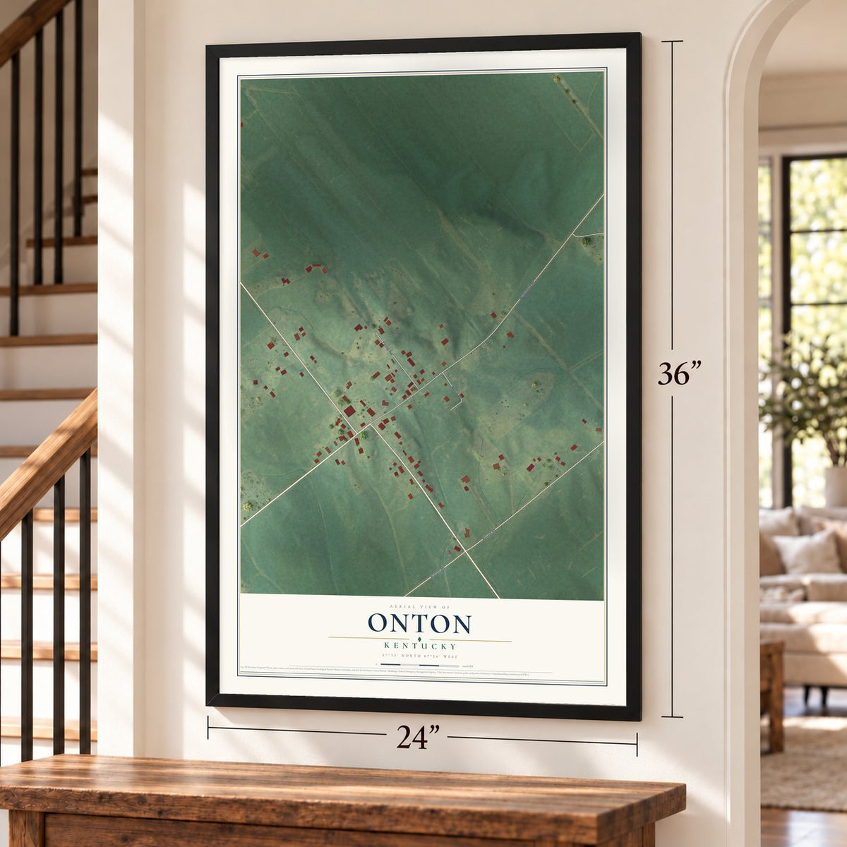 Onton, Kentucky map, 24 x 36 inch print in a black frame by a staircase