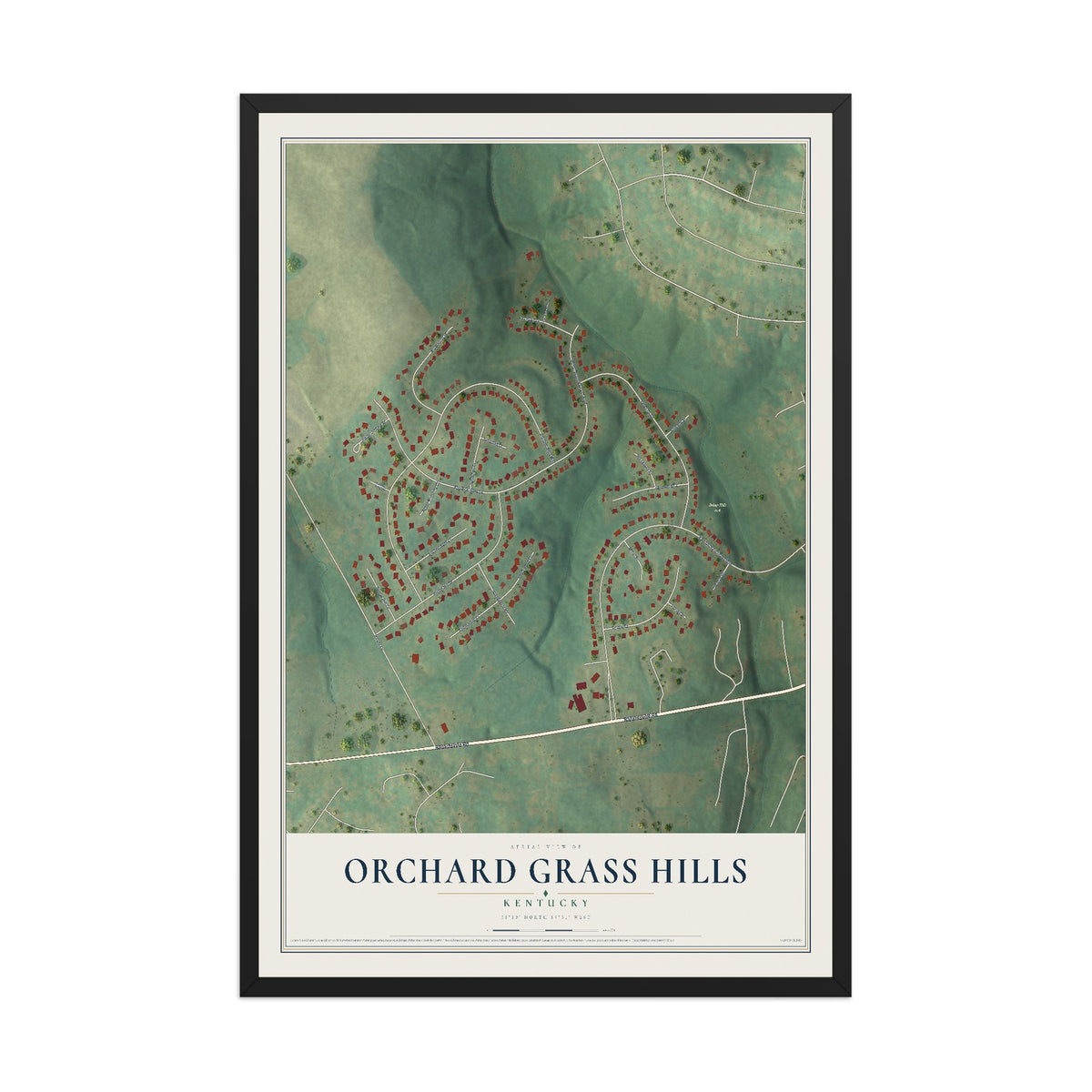 Map of Orchard Grass Hills, Kentucky, 12 x 18 inch print in a black wood frame