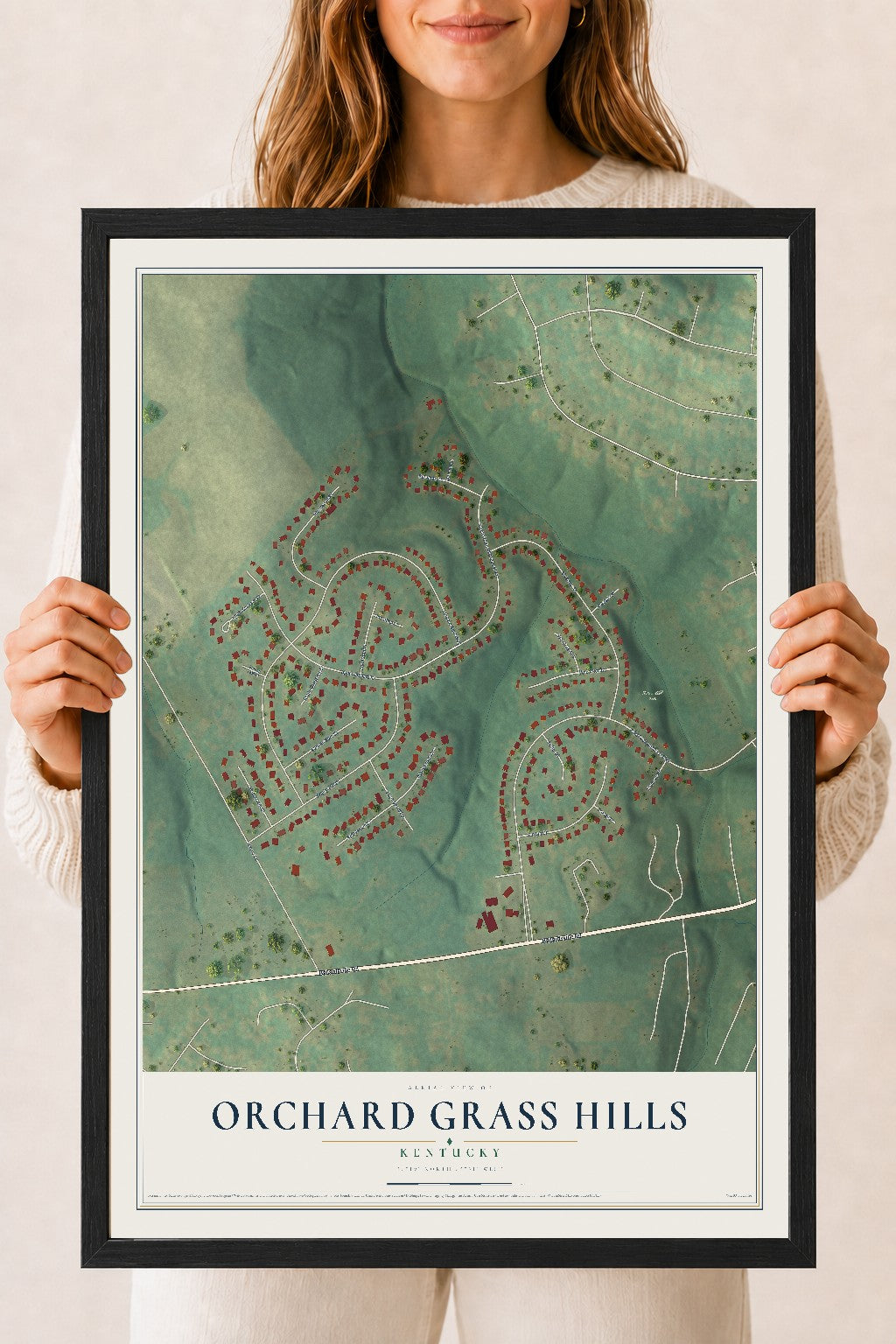 Map of Orchard Grass Hills, Kentucky, 18 x 24 inch print in a black wood frame