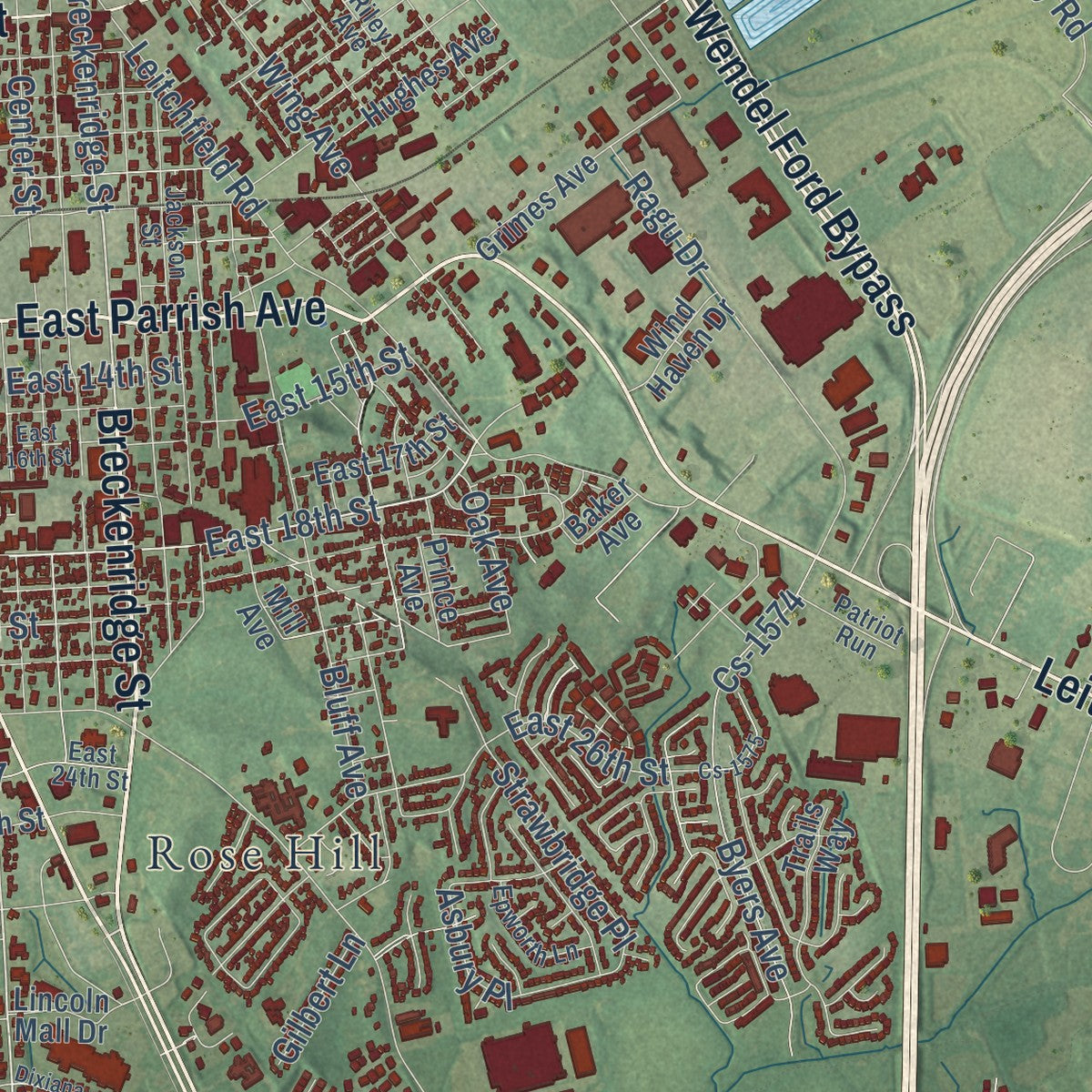 Second close-up of the map of Owensboro, Kentucky print showing more streets and buildings
