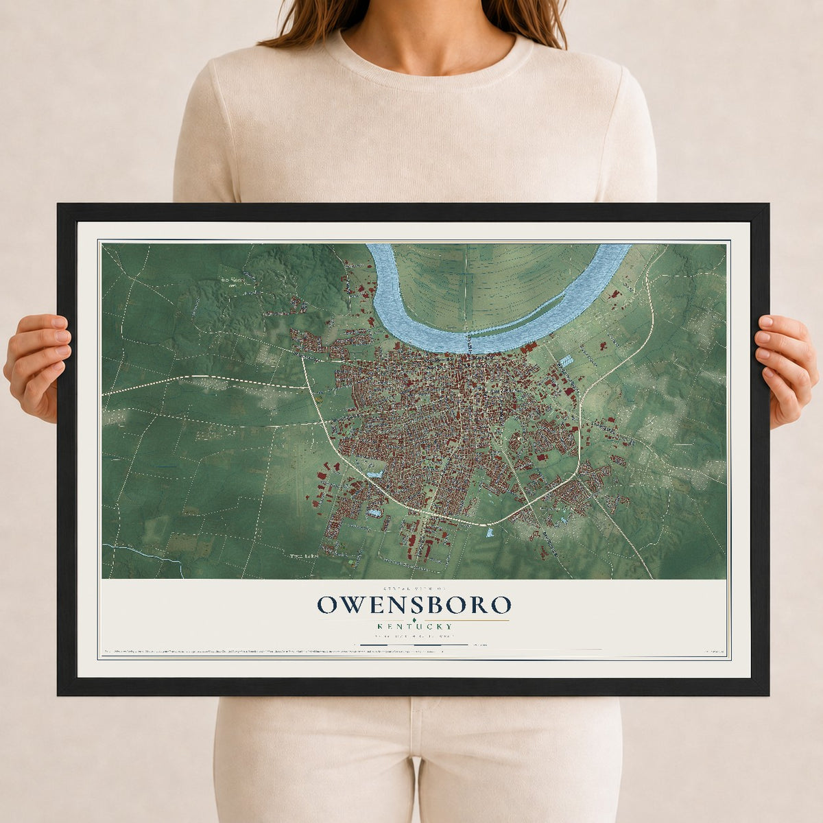 Map of Owensboro, Kentucky, 12 x 18 inch print in a black wood frame