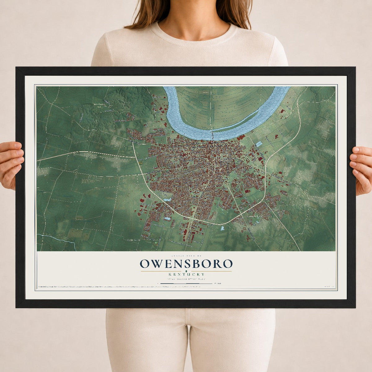 Map of Owensboro, Kentucky, 18 x 24 inch print in a black wood frame