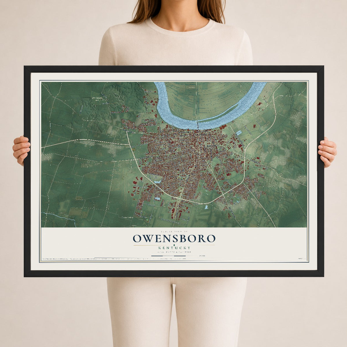 Map of Owensboro, Kentucky, 24 x 36 inch print in a black wood frame