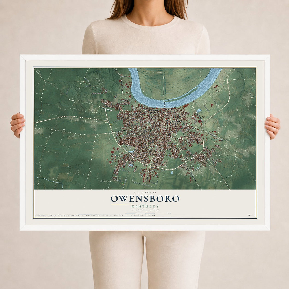 Map of Owensboro, Kentucky, 24 x 36 inch print in a white wood frame