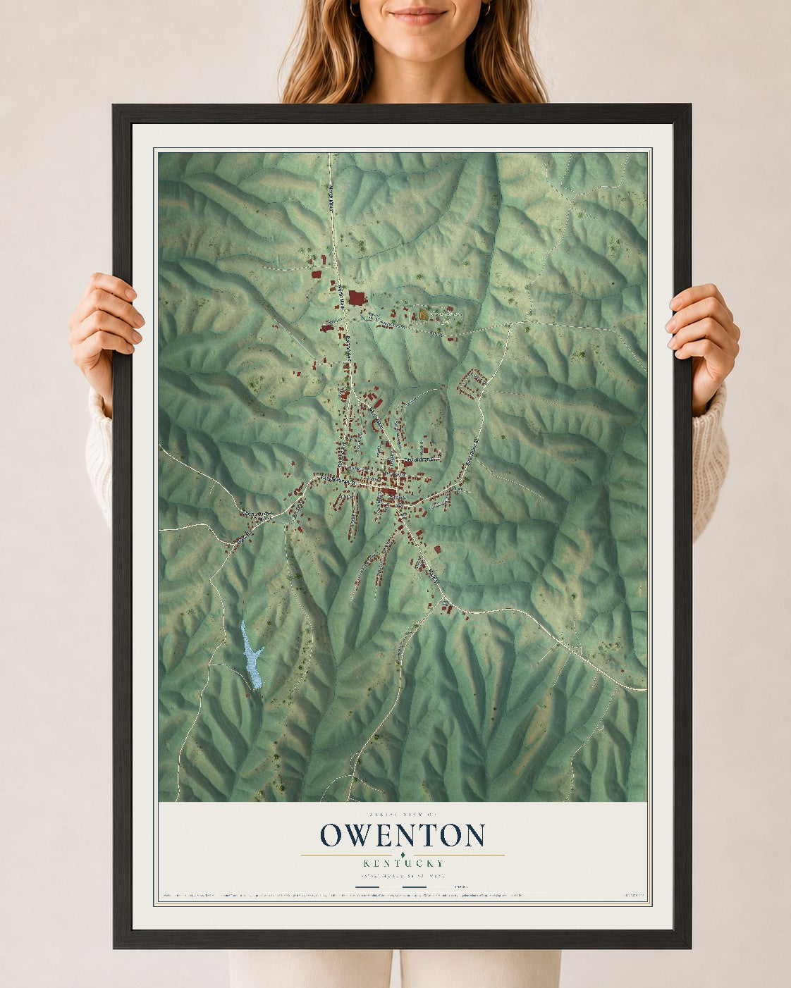 Map of Owenton, Kentucky, 24 x 36 inch print in a black wood frame