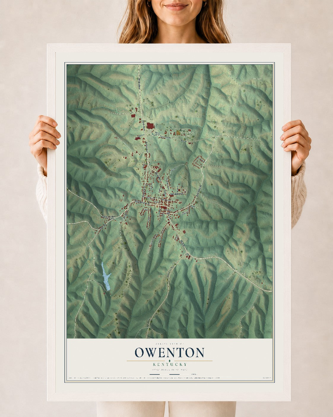 Map of Owenton, Kentucky, 24 x 36 inch print in a white wood frame