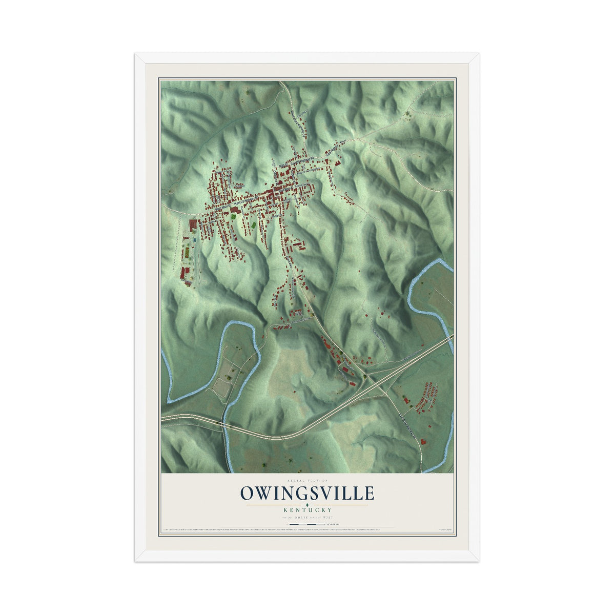 Map of Owingsville, Kentucky, 12 x 18 inch print in a white wood frame