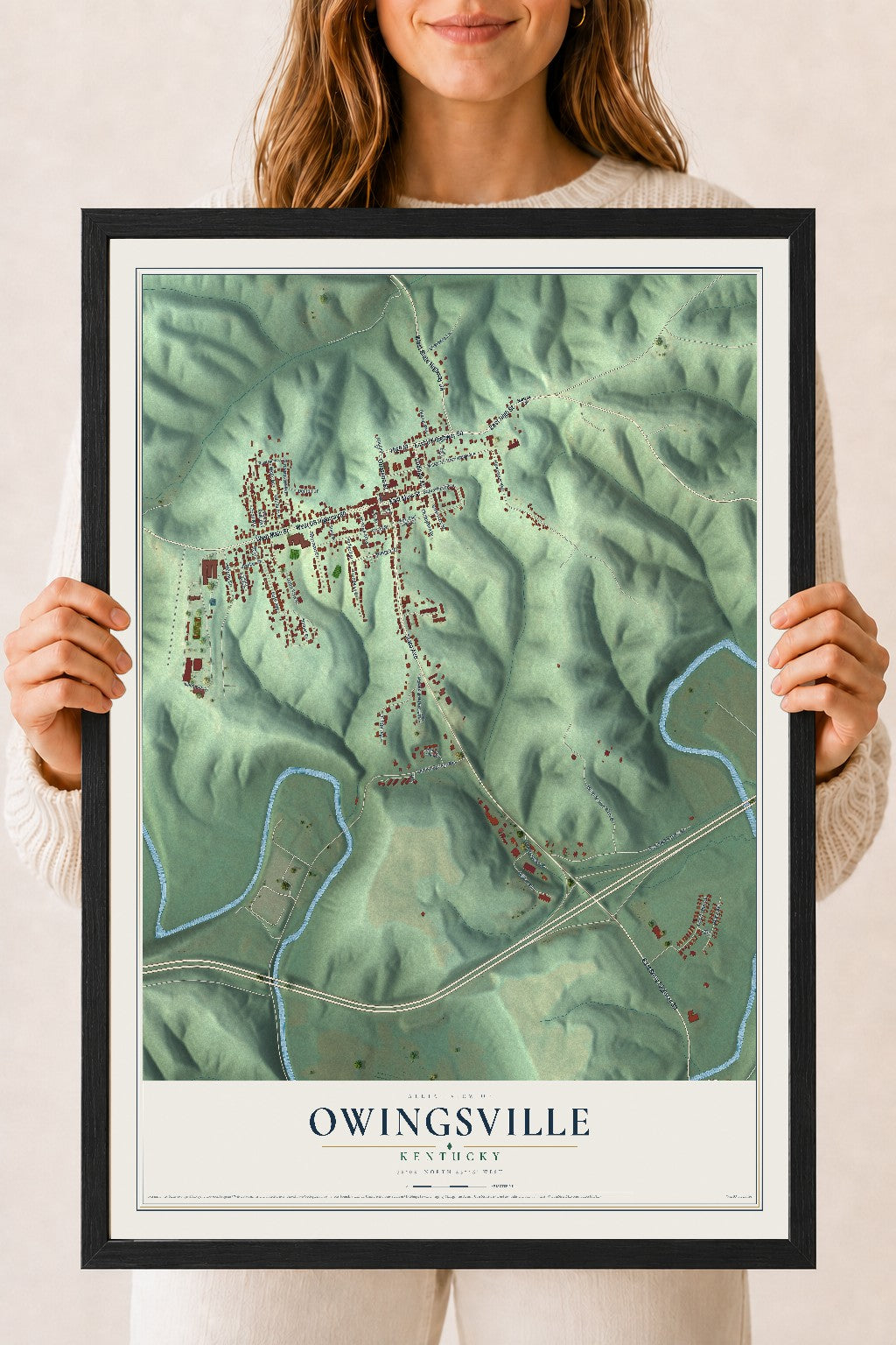 Map of Owingsville, Kentucky, 18 x 24 inch print in a black wood frame