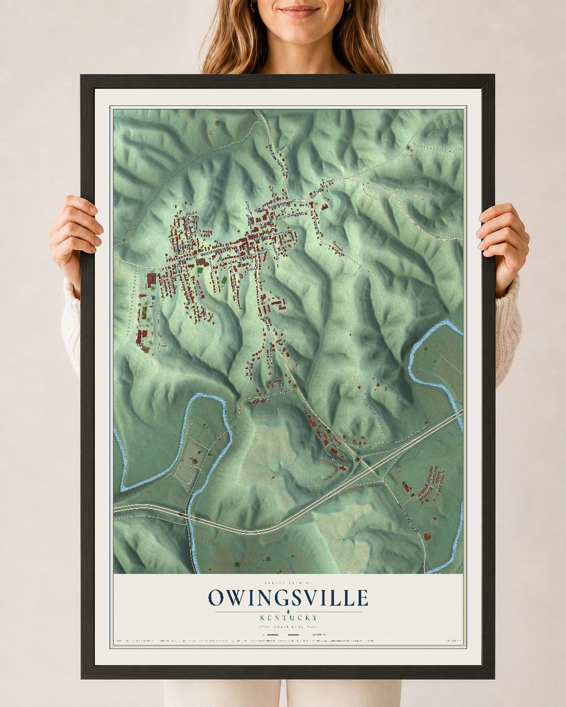 Map of Owingsville, Kentucky, 24 x 36 inch print in a black wood frame