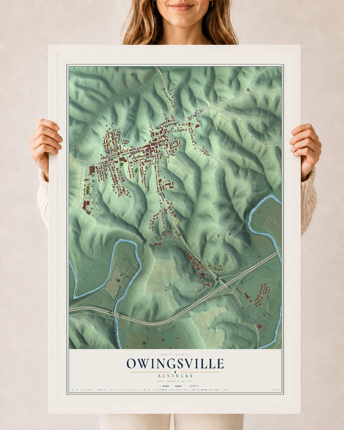 Map of Owingsville, Kentucky, 24 x 36 inch print in a white wood frame