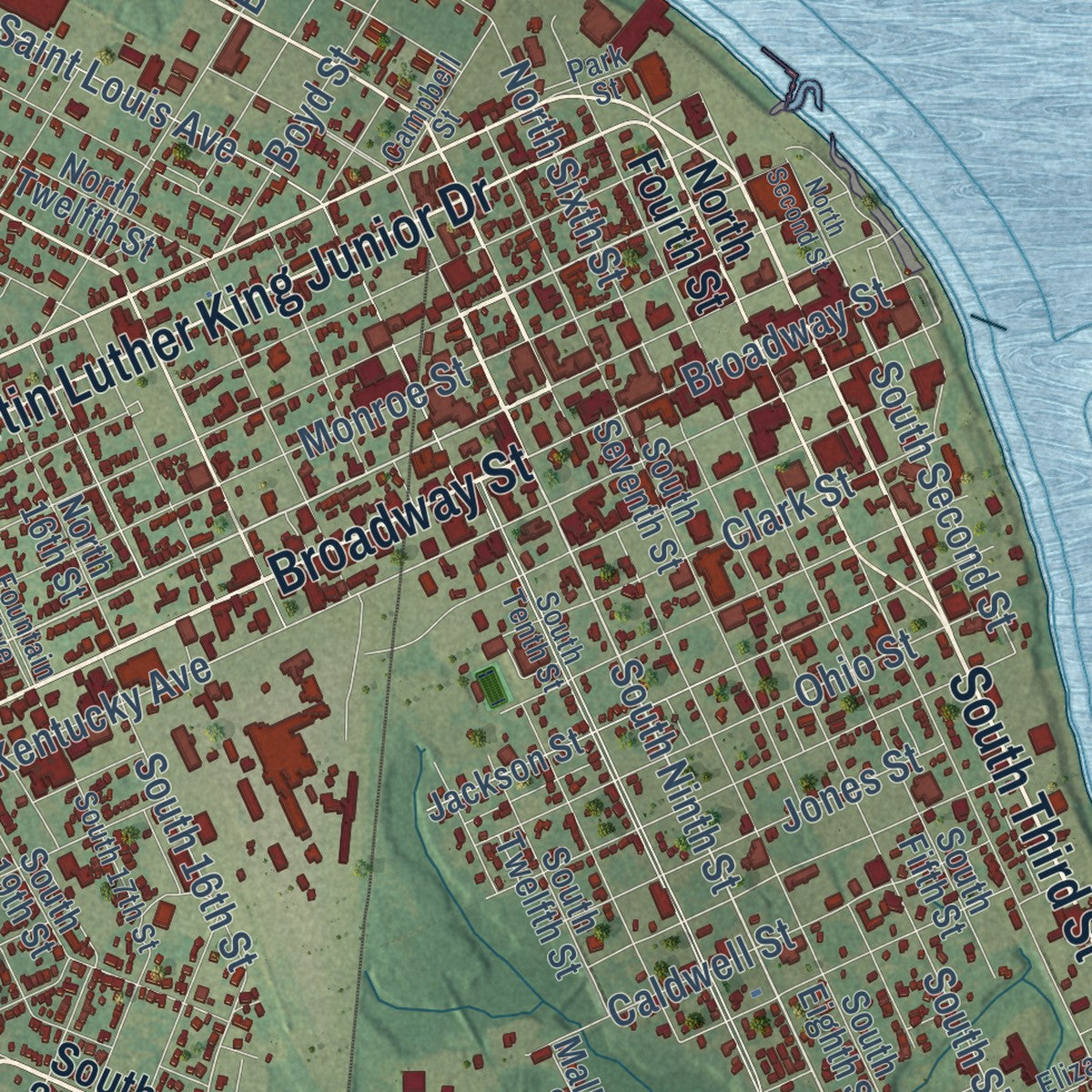 Close-up of the map of Paducah, Kentucky print showing street and building detail