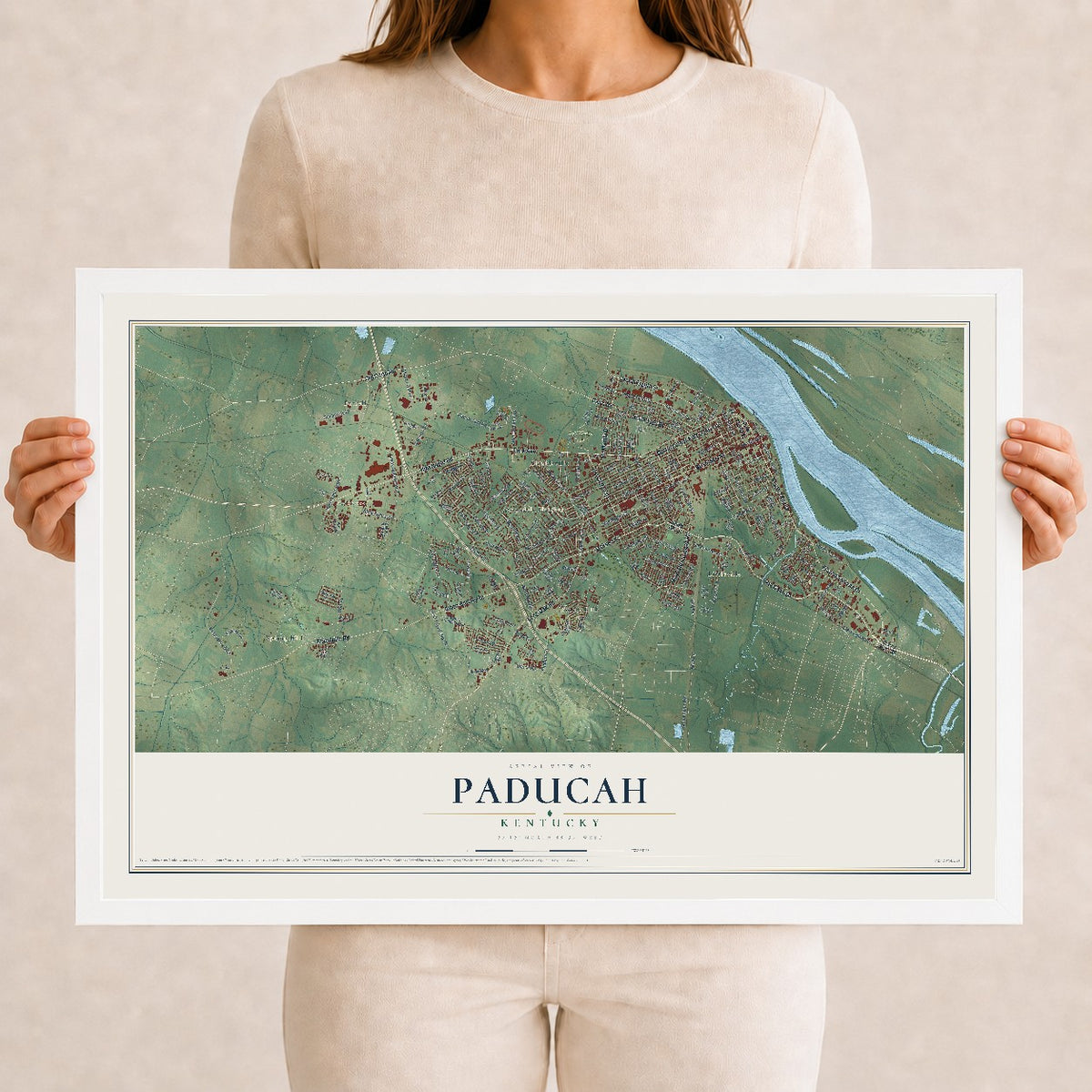 Map of Paducah, Kentucky, 12 x 18 inch print in a white wood frame