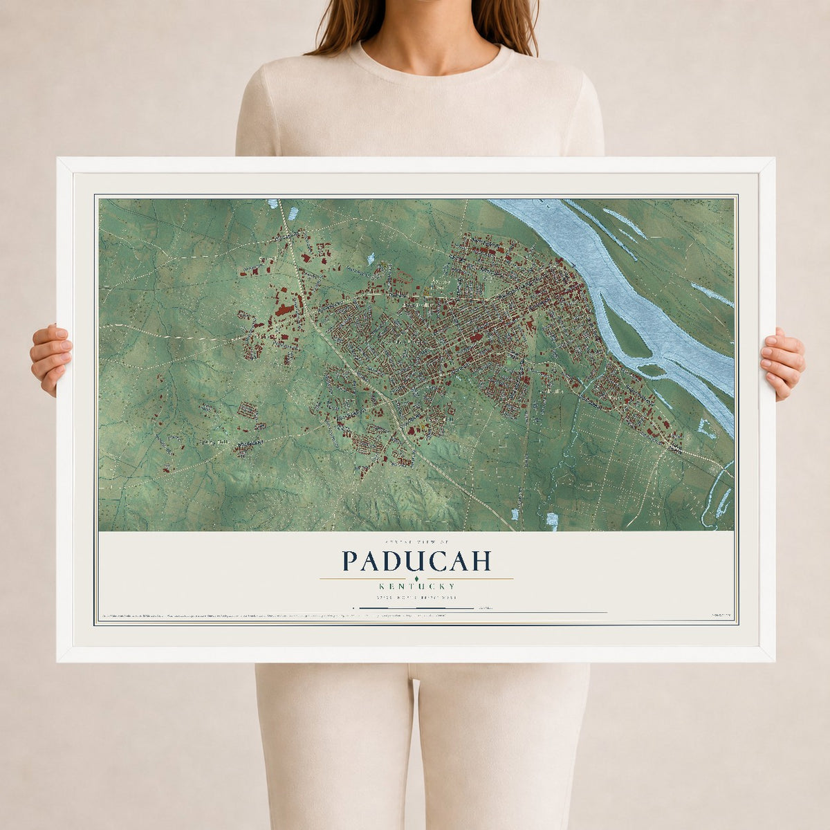 Map of Paducah, Kentucky, 24 x 36 inch print in a white wood frame