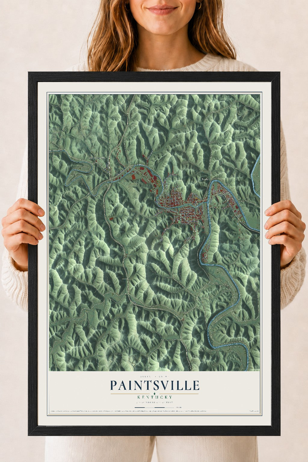 Map of Paintsville, Kentucky, 18 x 24 inch print in a black wood frame
