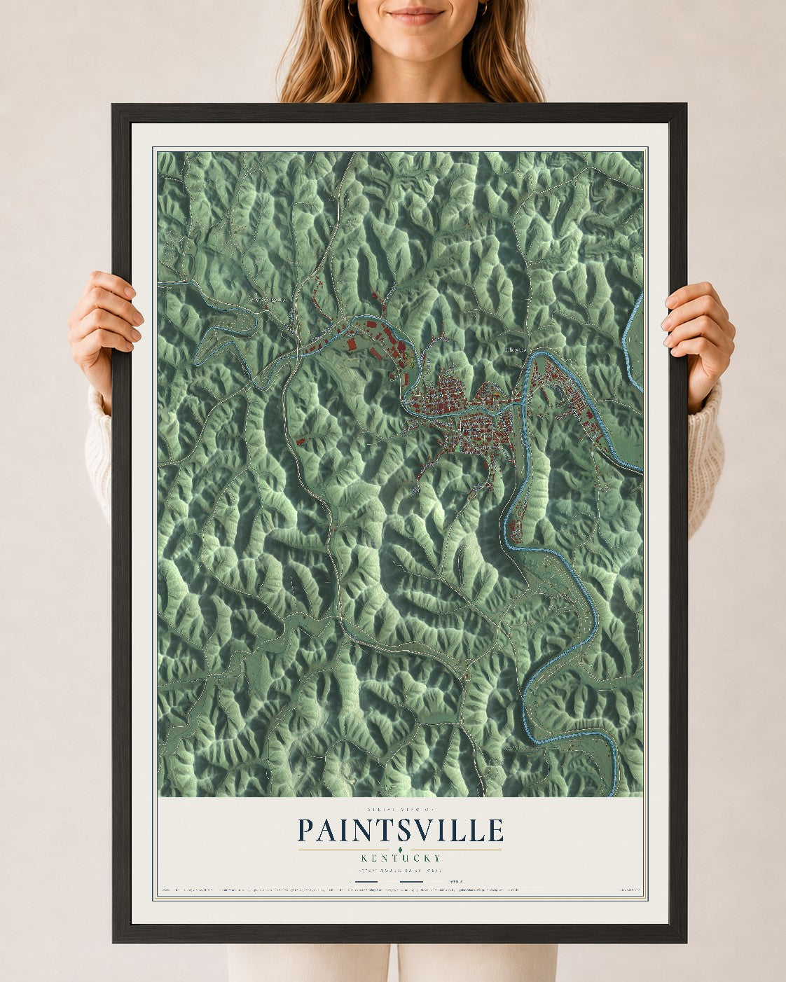 Map of Paintsville, Kentucky, 24 x 36 inch print in a black wood frame