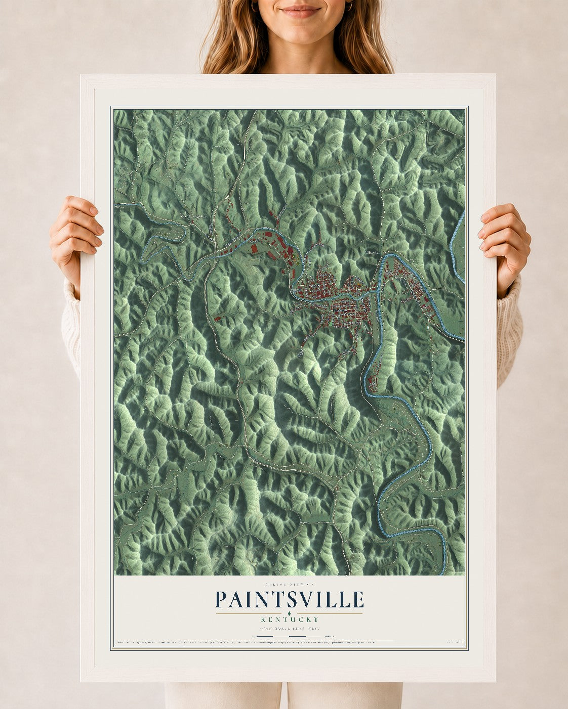 Map of Paintsville, Kentucky, 24 x 36 inch print in a white wood frame