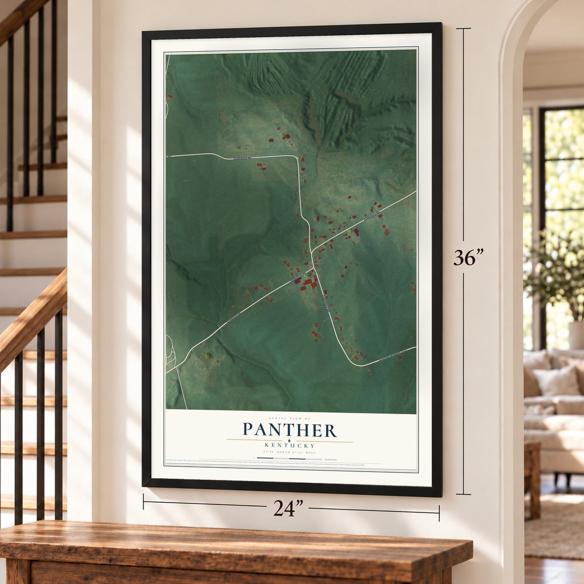 Panther, Kentucky map, 24 x 36 inch print in a black frame by a staircase