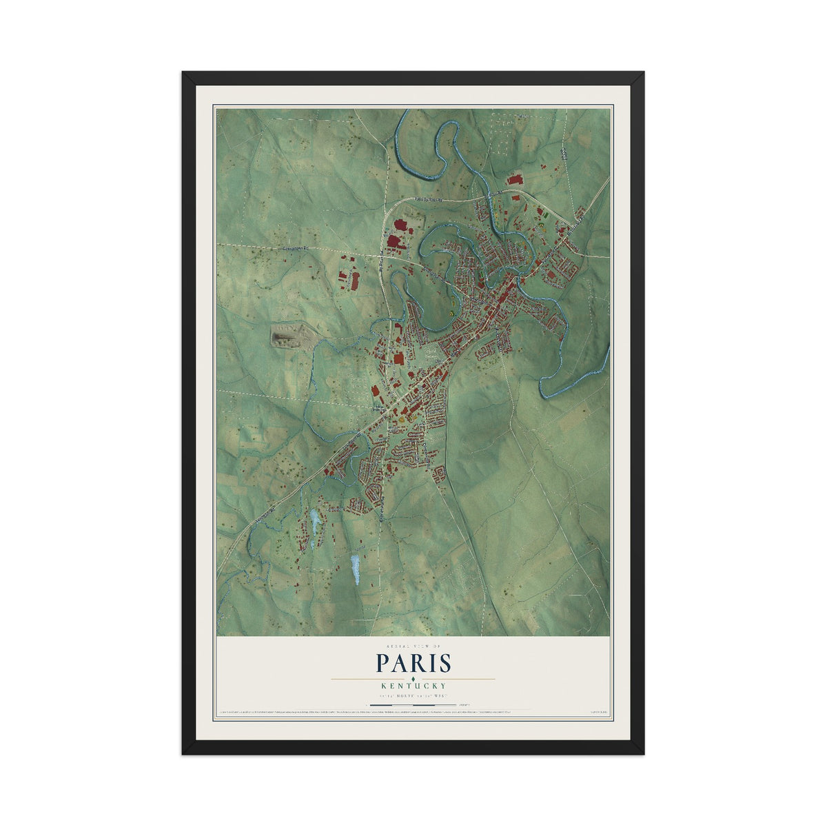 Map of Paris, Kentucky, 12 x 18 inch print in a black wood frame