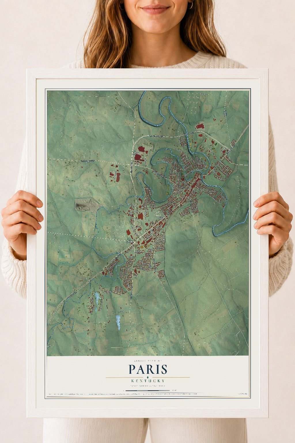 Map of Paris, Kentucky, 18 x 24 inch print in a white wood frame