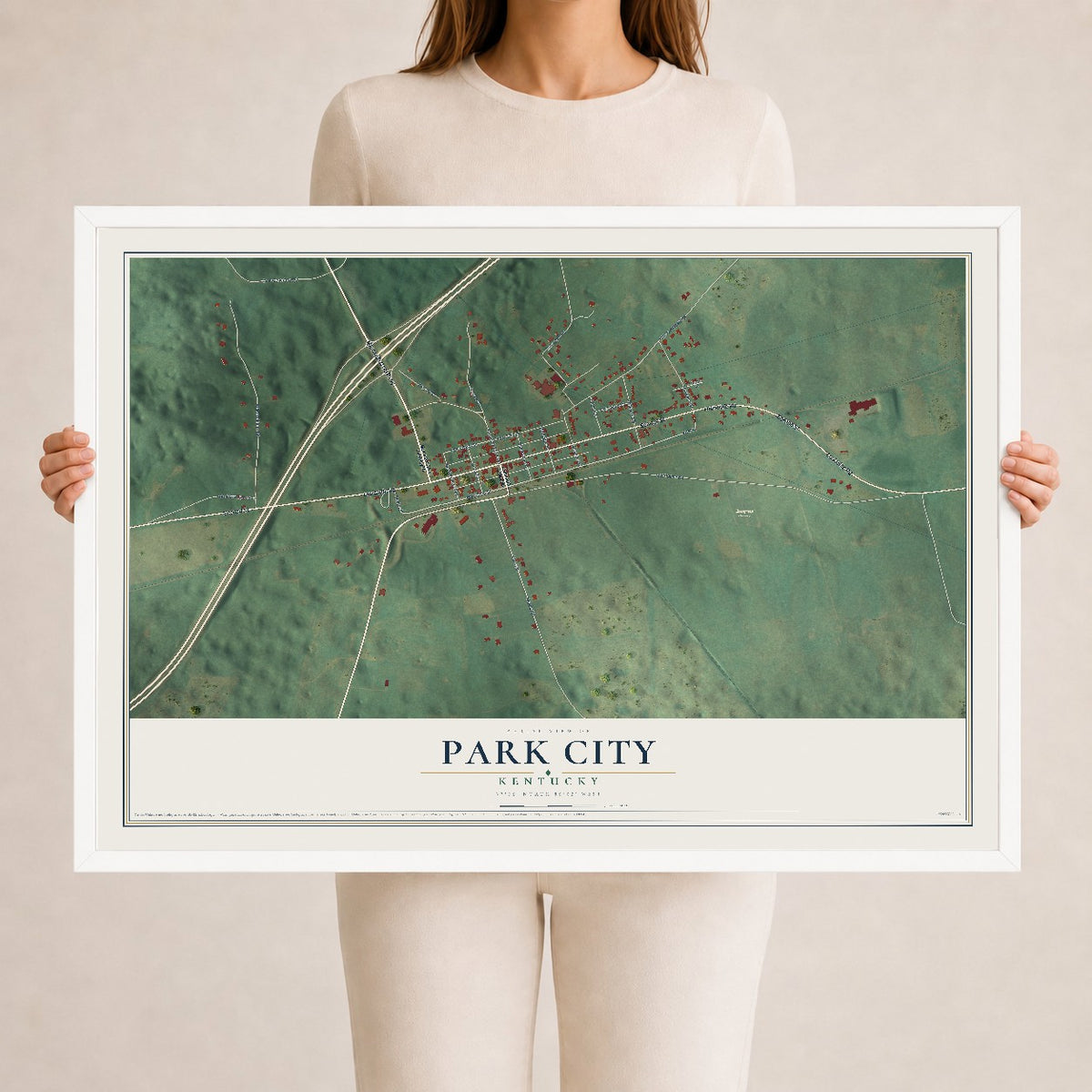 Map of Park City, Kentucky, 24 x 36 inch print in a white wood frame