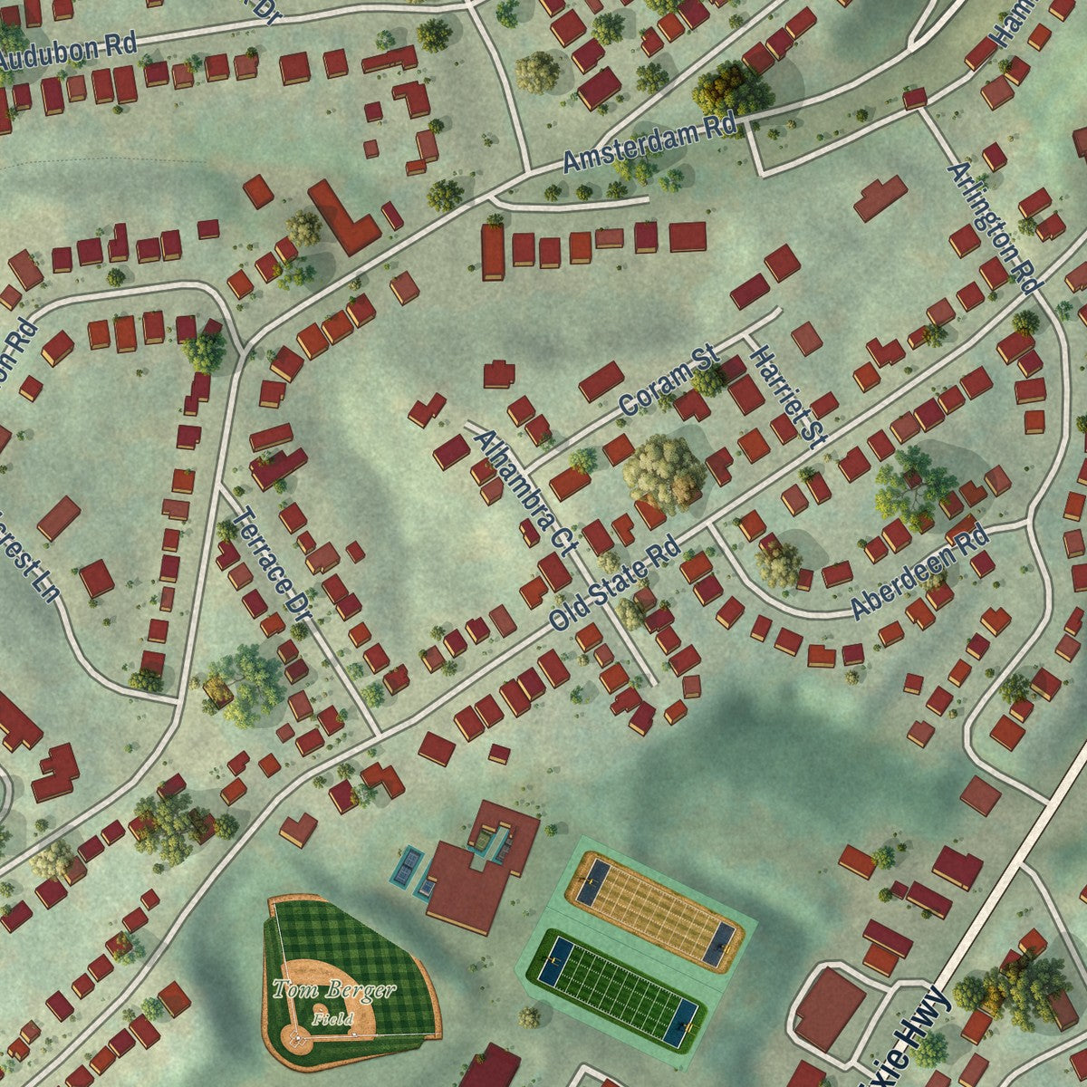 Close-up of the map of Park Hills, Kentucky print showing street and building detail