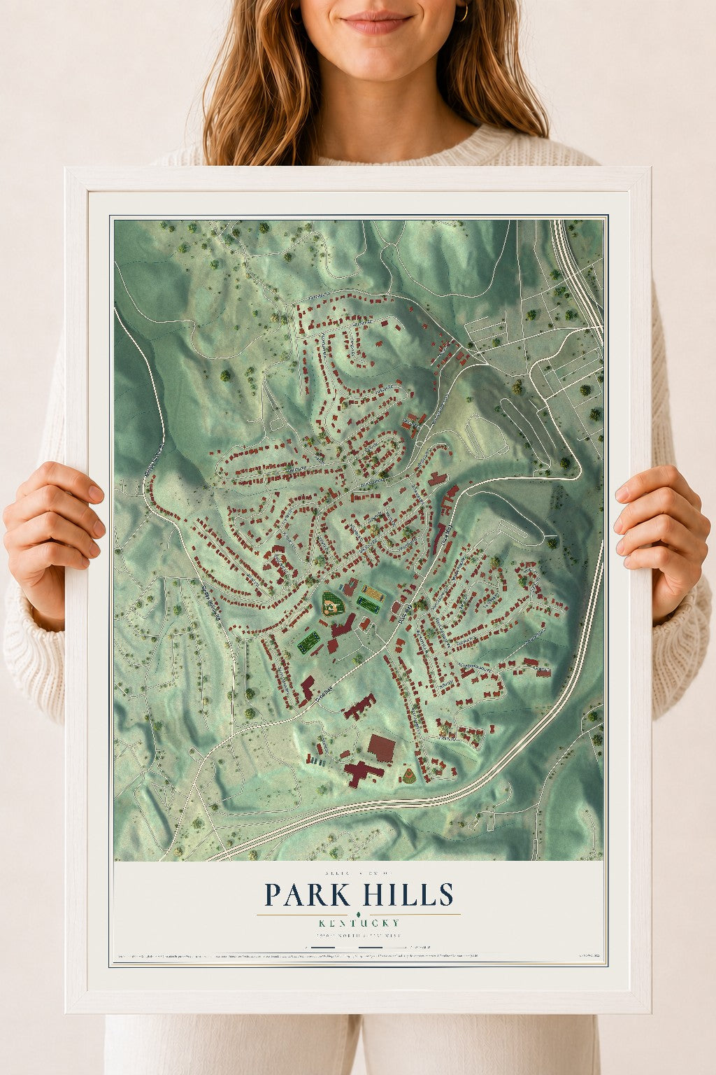 Map of Park Hills, Kentucky, 18 x 24 inch print in a white wood frame