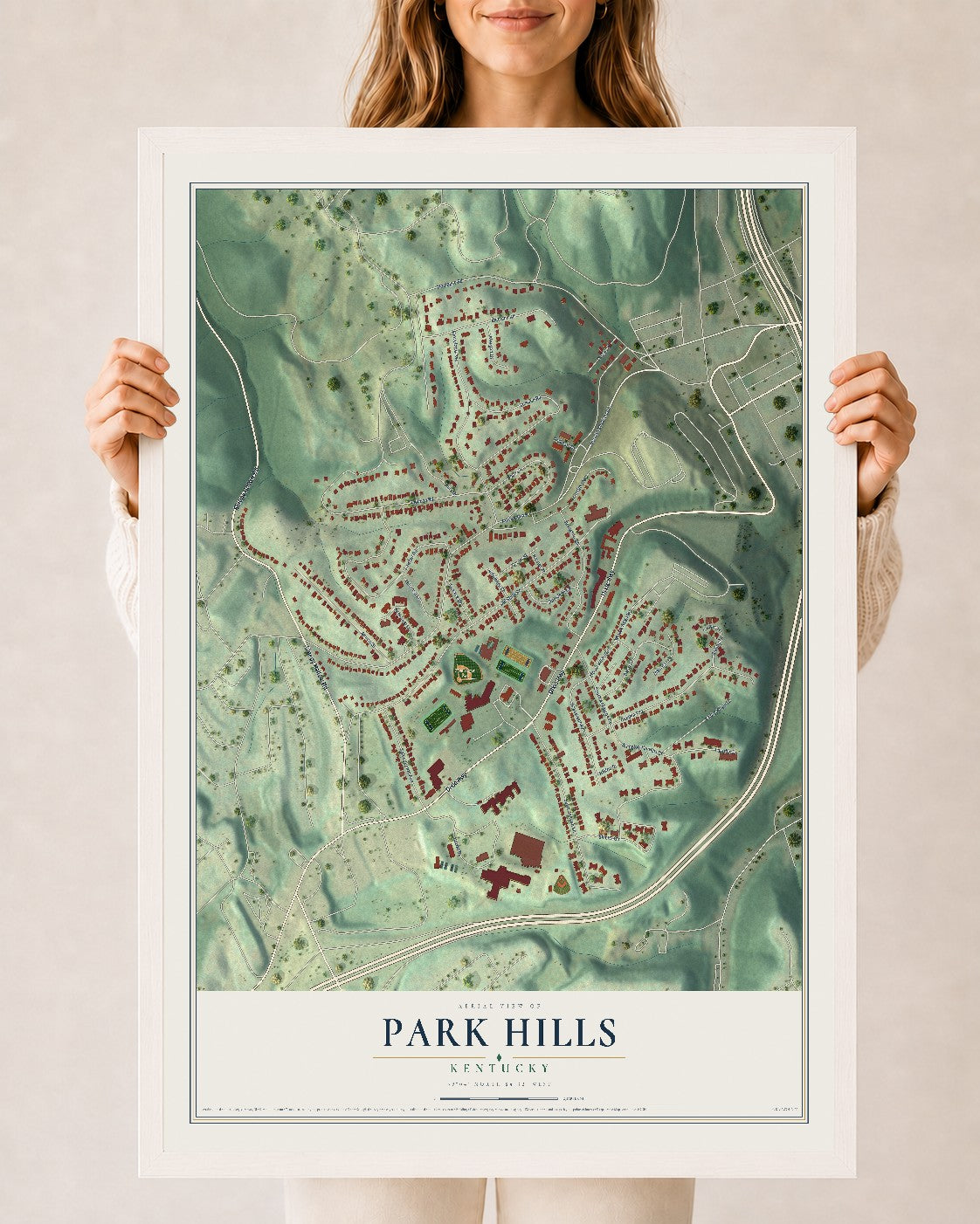 Map of Park Hills, Kentucky, 24 x 36 inch print in a white wood frame