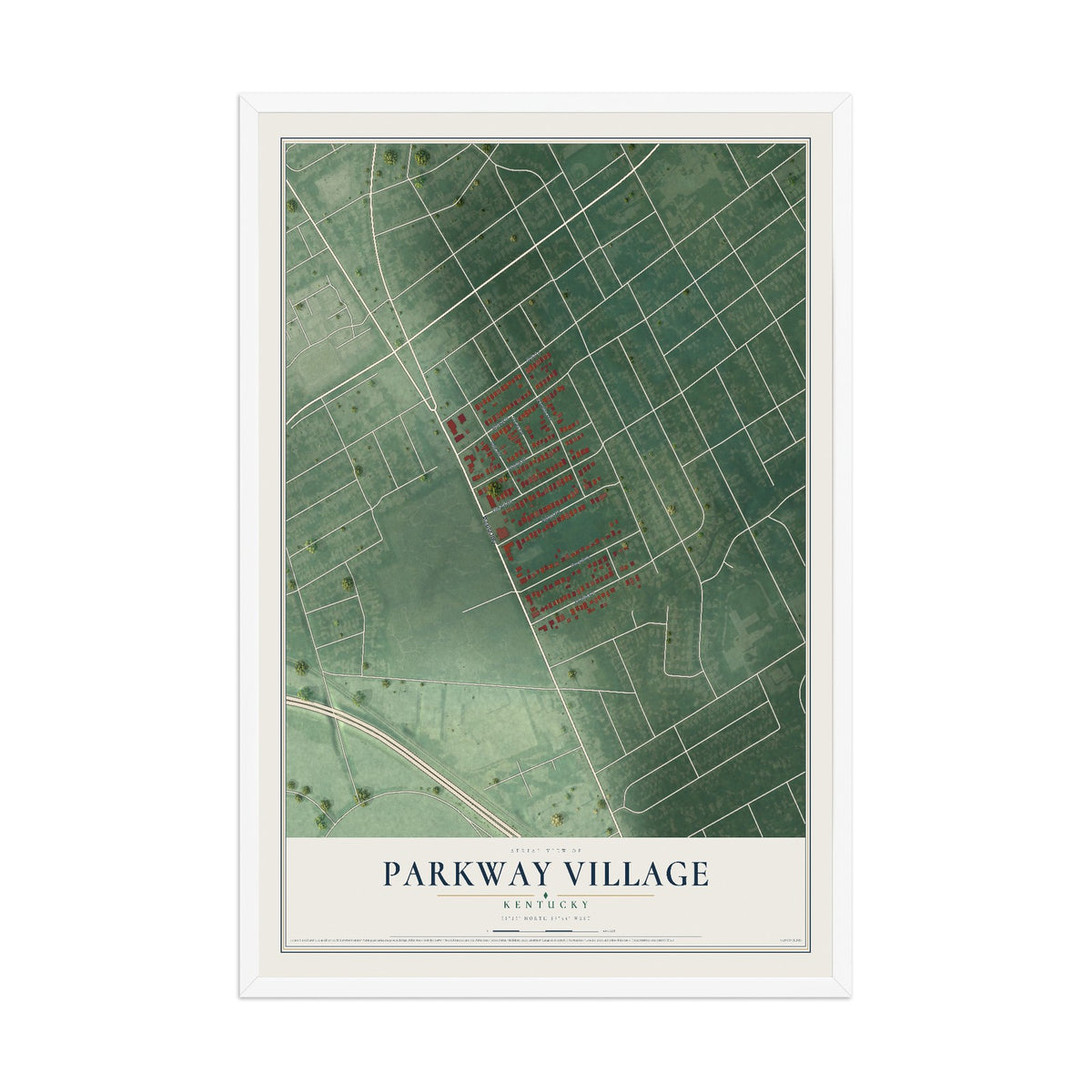 Map of Parkway Village, Kentucky, 12 x 18 inch print in a white wood frame