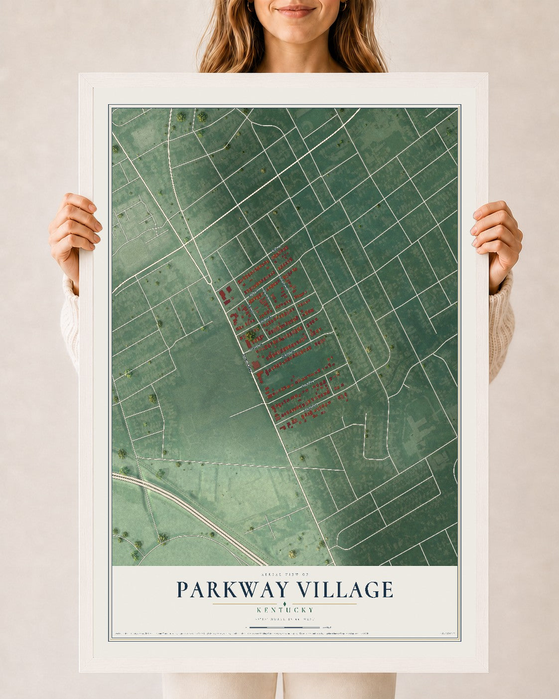 Map of Parkway Village, Kentucky, 24 x 36 inch print in a white wood frame