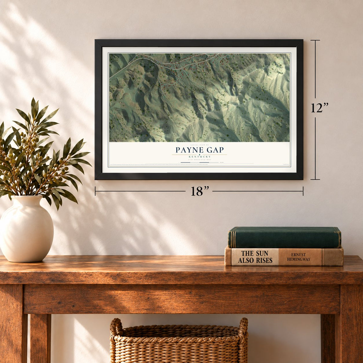 Payne Gap, Kentucky map, 12 x 18 inch print in a black frame in an entryway
