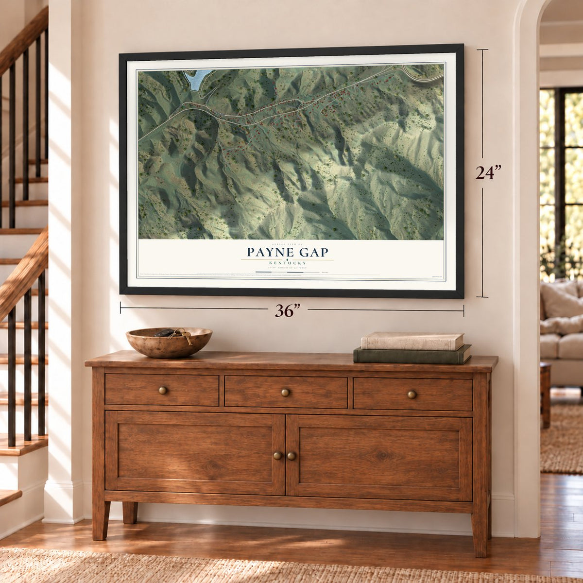 Payne Gap, Kentucky map, 24 x 36 inch print in a black frame above a dresser by a staircase